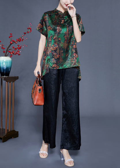 Chic Green Print Asymmetrical Design Silk Oriental Two-Piece Set Summer