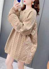 Load image into Gallery viewer, Chic Khaki O-Neck Oversized Cotton Filled Patchwork Drawstring Long Sweater Winter