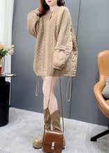 Load image into Gallery viewer, Chic Khaki O-Neck Oversized Cotton Filled Patchwork Drawstring Long Sweater Winter