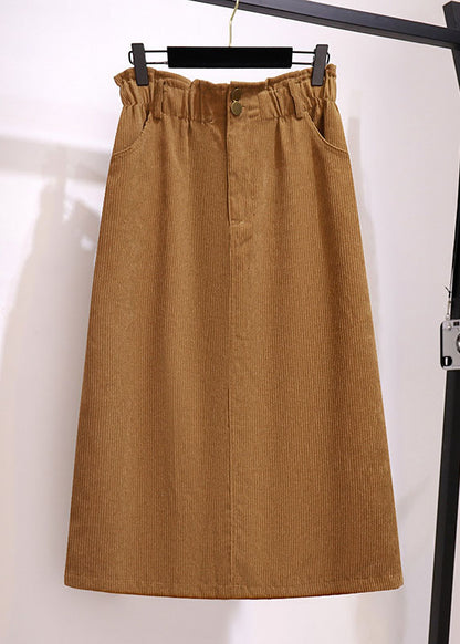 Chic Khaki Pockets Elastic Waist Patchwork Corduroy Skirts Fall