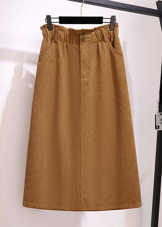 Chic Khaki Pockets Elastic Waist Patchwork Corduroy Skirts Fall