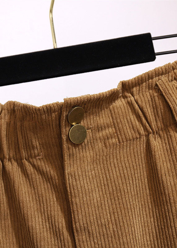 Chic Khaki Pockets Elastic Waist Patchwork Corduroy Skirts Fall