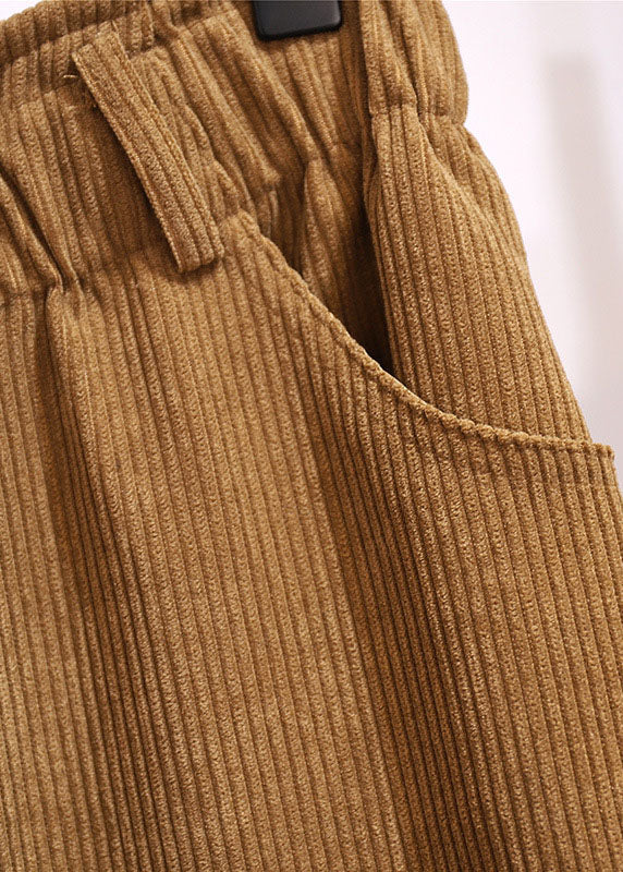 Chic Khaki Pockets Elastic Waist Patchwork Corduroy Skirts Fall