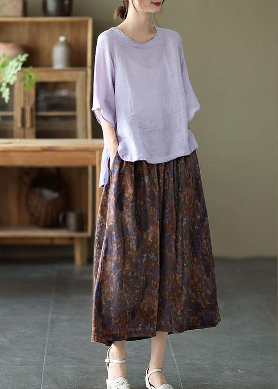 Chic Khaki Print Patchwork A Line Skirt Linen Fall