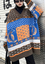 Load image into Gallery viewer, Chic Khaki V Neck Print Loose Fall Knit sweaters