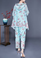 Chic Light Blue Hooded Ruffled Embroideried Silk Two Pieces Set Flare Sleeve