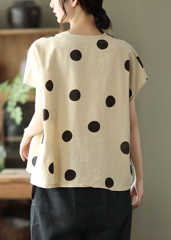 Chic Light Khaki V Neck Print Patchwork Linen T Shirt Tops Summer