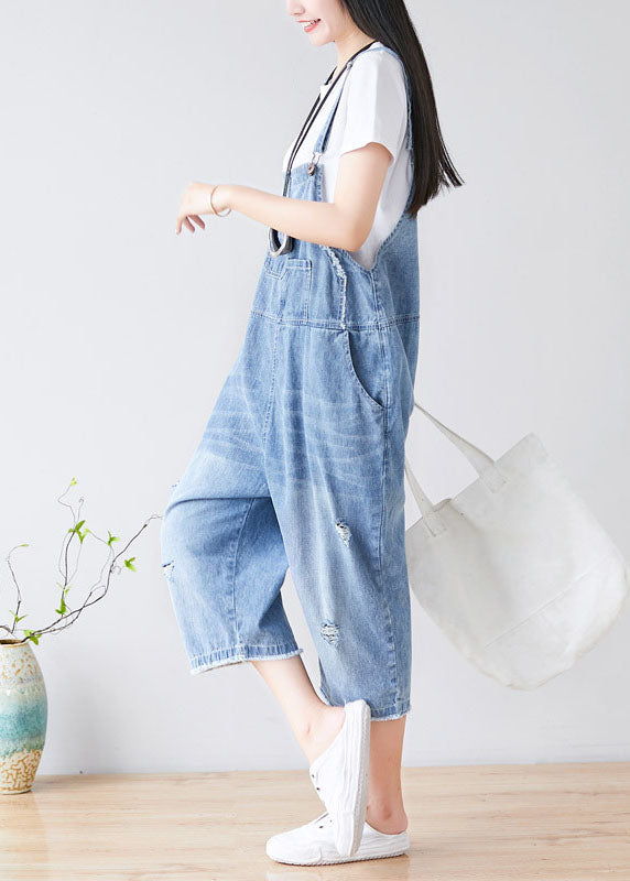 Chic Light blue Hole Pockets cowboy Jumpsuits Spring