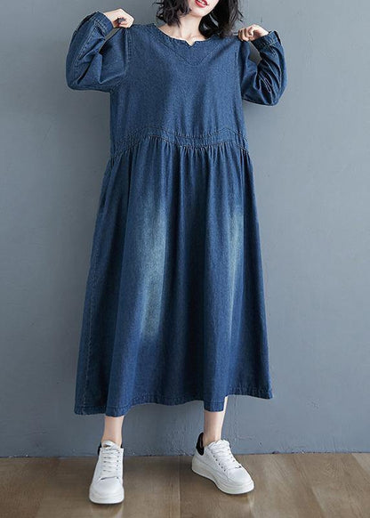Chic O Neck Cinched Spring Tunic Wardrobes Denim Blue Art Dresses