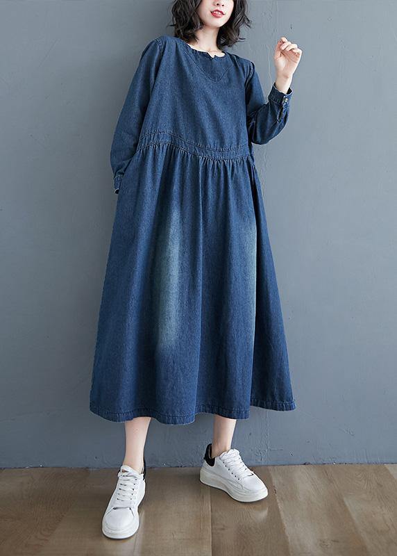 Chic O Neck Cinched Spring Tunic Wardrobes Denim Blue Art Dresses