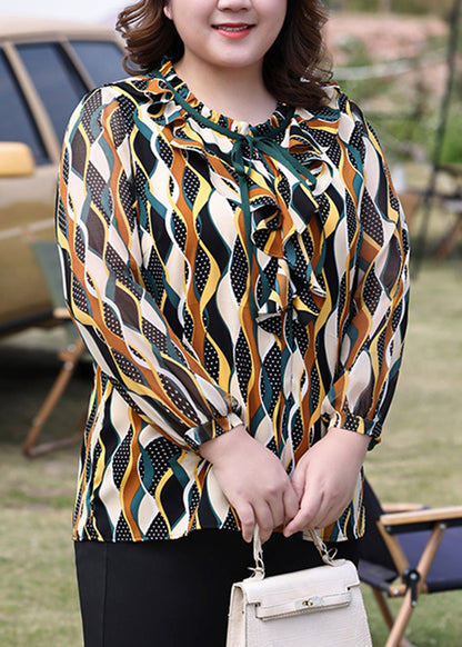 Chic O-Neck Print Ruffles Chiffon Shirt Fall