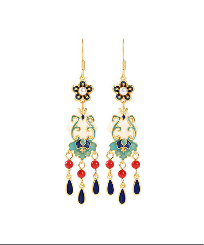 Chic Overgild Jade Cloisonne Peal Floral Drop Earrings