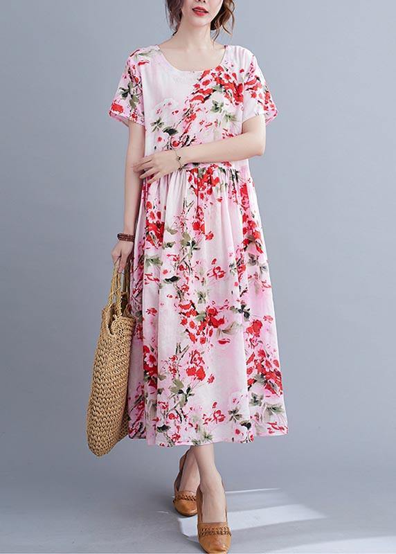 Chic Pink Print Cotton Pockets Summer Dress