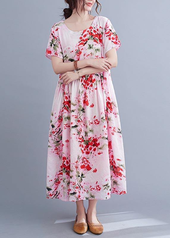 Chic Pink Print Cotton Pockets Summer Dress