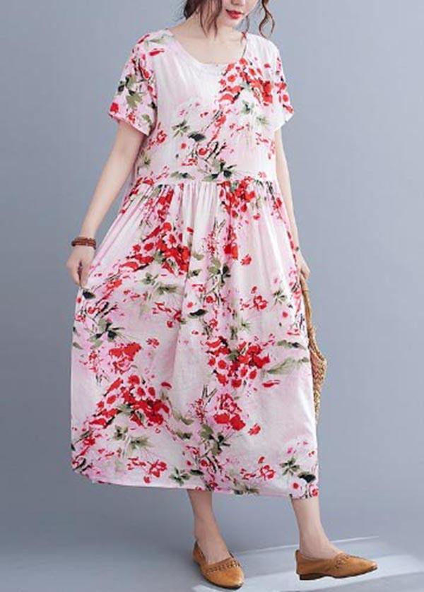 Chic Pink Print Cotton Pockets Summer Dress