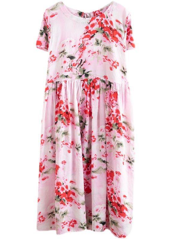 Chic Pink Print Cotton Pockets Summer Dress