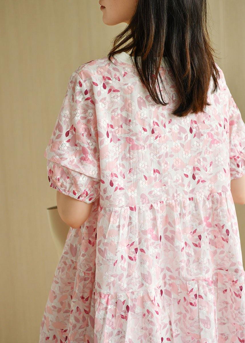 Chic Pink Puff Sleeve Print Summer Cotton Dresses