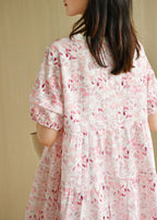 Chic Pink Puff Sleeve Print Summer Cotton Dresses