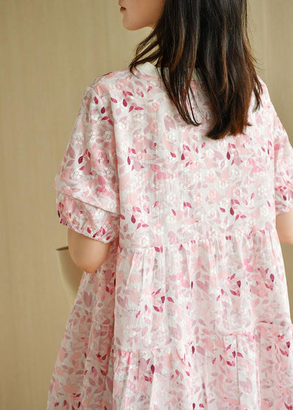 Chic Pink Puff Sleeve Print Summer Cotton Dresses