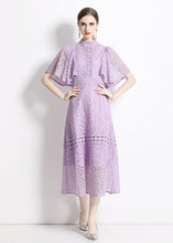 Load image into Gallery viewer, Chic Purple Stand Collar Hollow Out Patchwork Lace Dresses Butterfly Sleeve