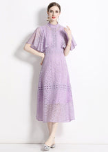 Load image into Gallery viewer, Chic Purple Stand Collar Hollow Out Patchwork Lace Dresses Butterfly Sleeve