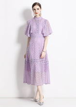 Load image into Gallery viewer, Chic Purple Stand Collar Hollow Out Patchwork Lace Dresses Butterfly Sleeve