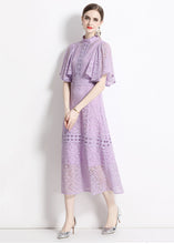 Load image into Gallery viewer, Chic Purple Stand Collar Hollow Out Patchwork Lace Dresses Butterfly Sleeve