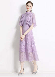 Chic Purple Stand Collar Hollow Out Patchwork Lace Dresses Butterfly Sleeve