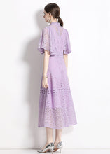Load image into Gallery viewer, Chic Purple Stand Collar Hollow Out Patchwork Lace Dresses Butterfly Sleeve