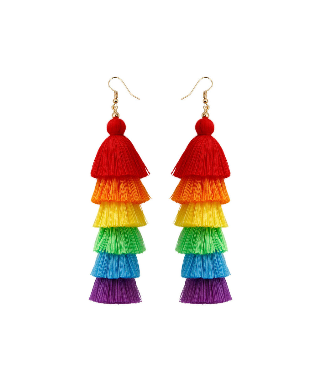 Chic Rainbow Knit Fabric Silk Cotton Tassel Drop Earrings