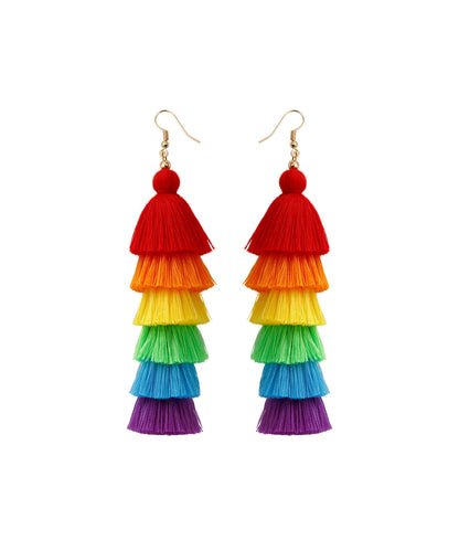 Chic Rainbow Knit Fabric Silk Cotton Tassel Drop Earrings