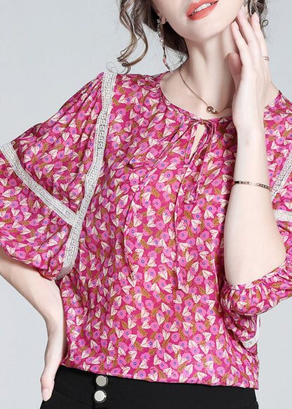 Chic Rose O-Neck Print Neck Tie Silk Tops Short Sleeve