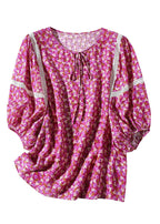 Chic Rose O-Neck Print Neck Tie Silk Tops Short Sleeve