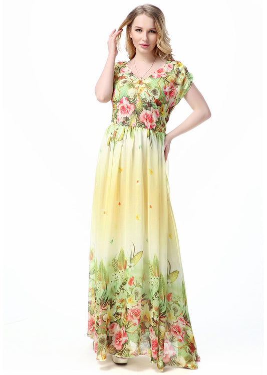 Chic V Neck Patchwork Print Beach Long Dress Short Sleeve