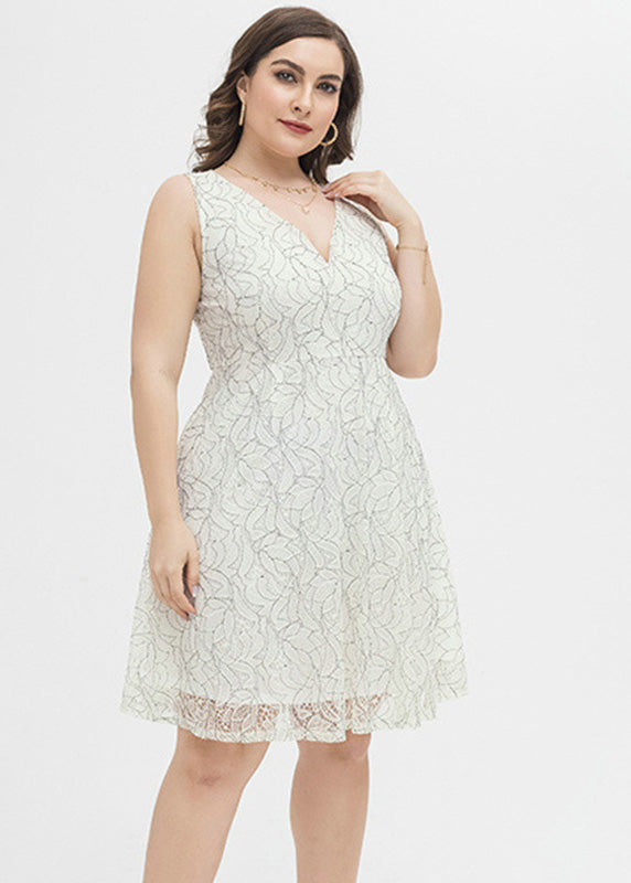 Chic White V Neck Print Lace Mid Dress Summer