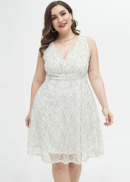 Chic White V Neck Print Lace Mid Dress Summer