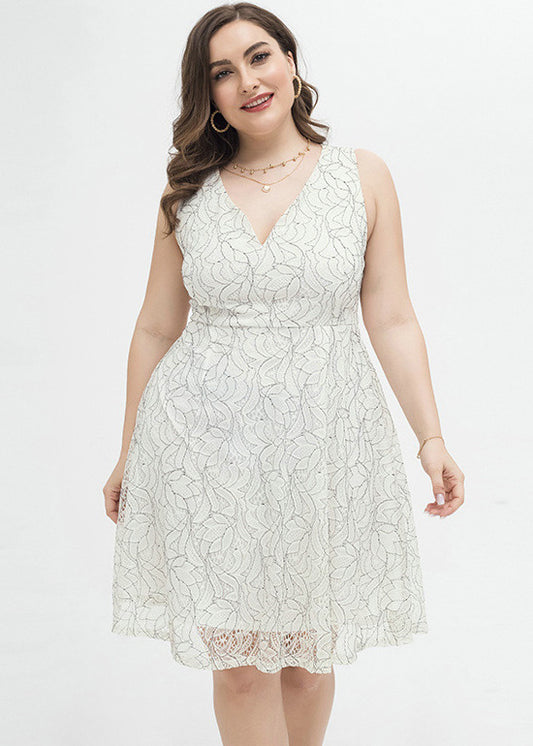 Chic White V Neck Print Lace Mid Dress Summer