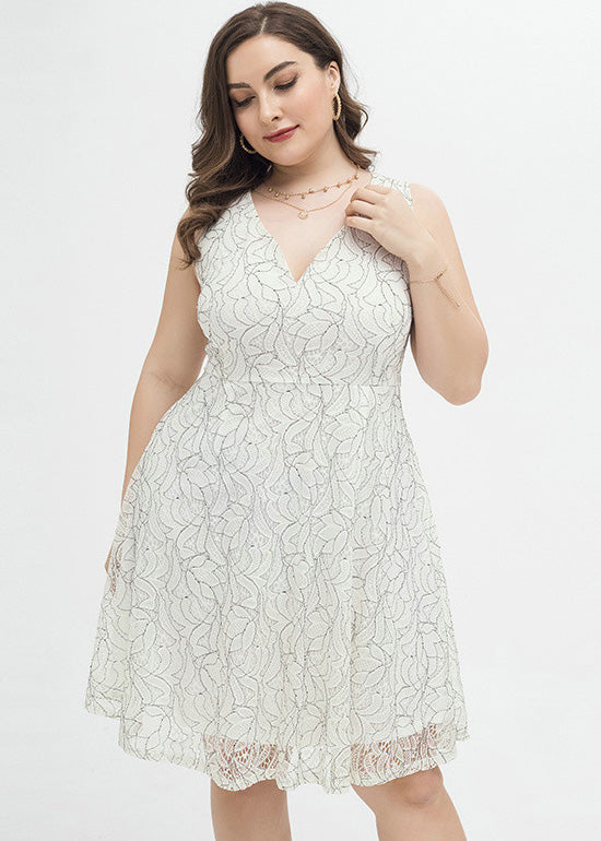 Chic White V Neck Print Lace Mid Dress Summer