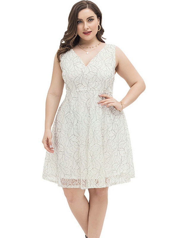 Chic White V Neck Print Lace Mid Dress Summer