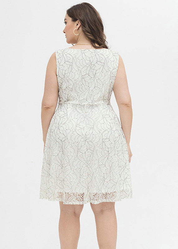 Chic White V Neck Print Lace Mid Dress Summer