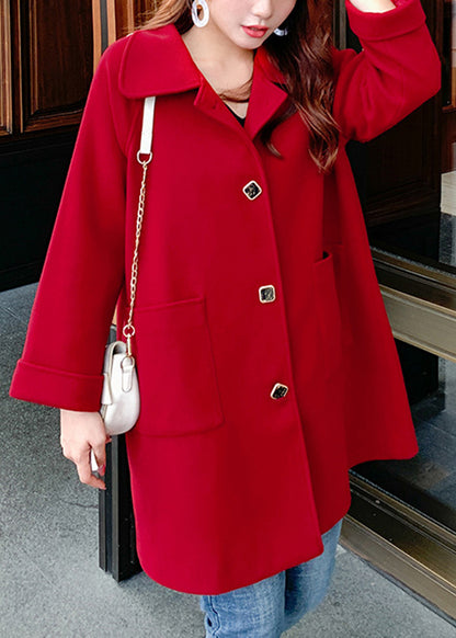 Chic Wine Red Button Pockets Patchwork Woolen Coats Fall
