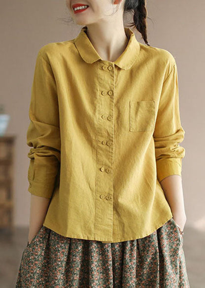 Chic Yellow Peter Pan Collar Button Patchwork Linen Shirts Tops Spring
