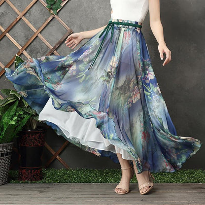 Chic blue floral chiffon Long Shirts elastic tie waist long summer Dress