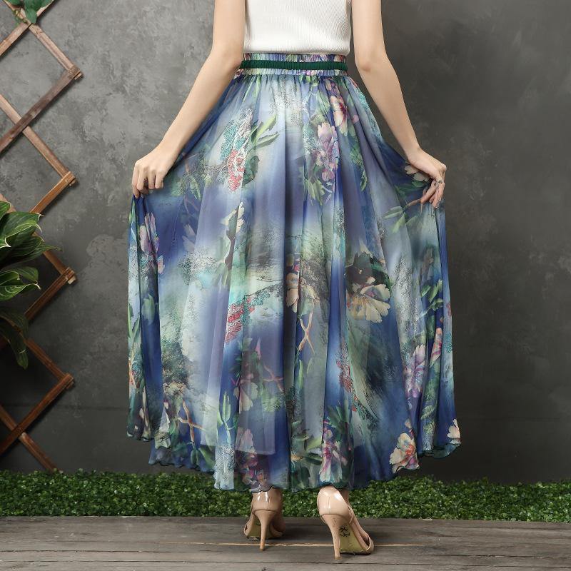 Chic blue floral chiffon Long Shirts elastic tie waist long summer Dress