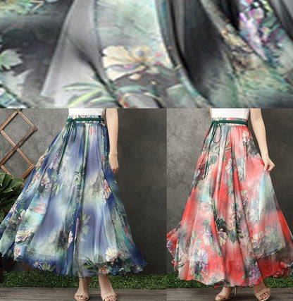 Chic blue floral chiffon Long Shirts elastic tie waist long summer Dress