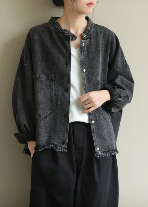 Chic denim black Plus Size clothes Work stand collar pockets outwears
