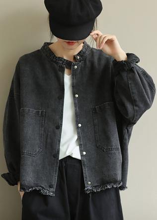 Chic denim black Plus Size clothes Work stand collar pockets outwears