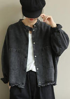 Chic denim black Plus Size clothes Work stand collar pockets outwears