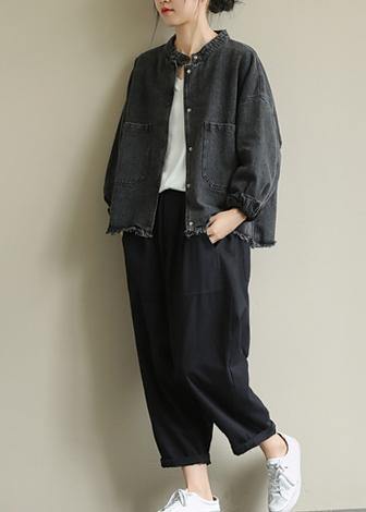 Chic denim black Plus Size clothes Work stand collar pockets outwears