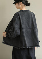 Chic denim black Plus Size clothes Work stand collar pockets outwears